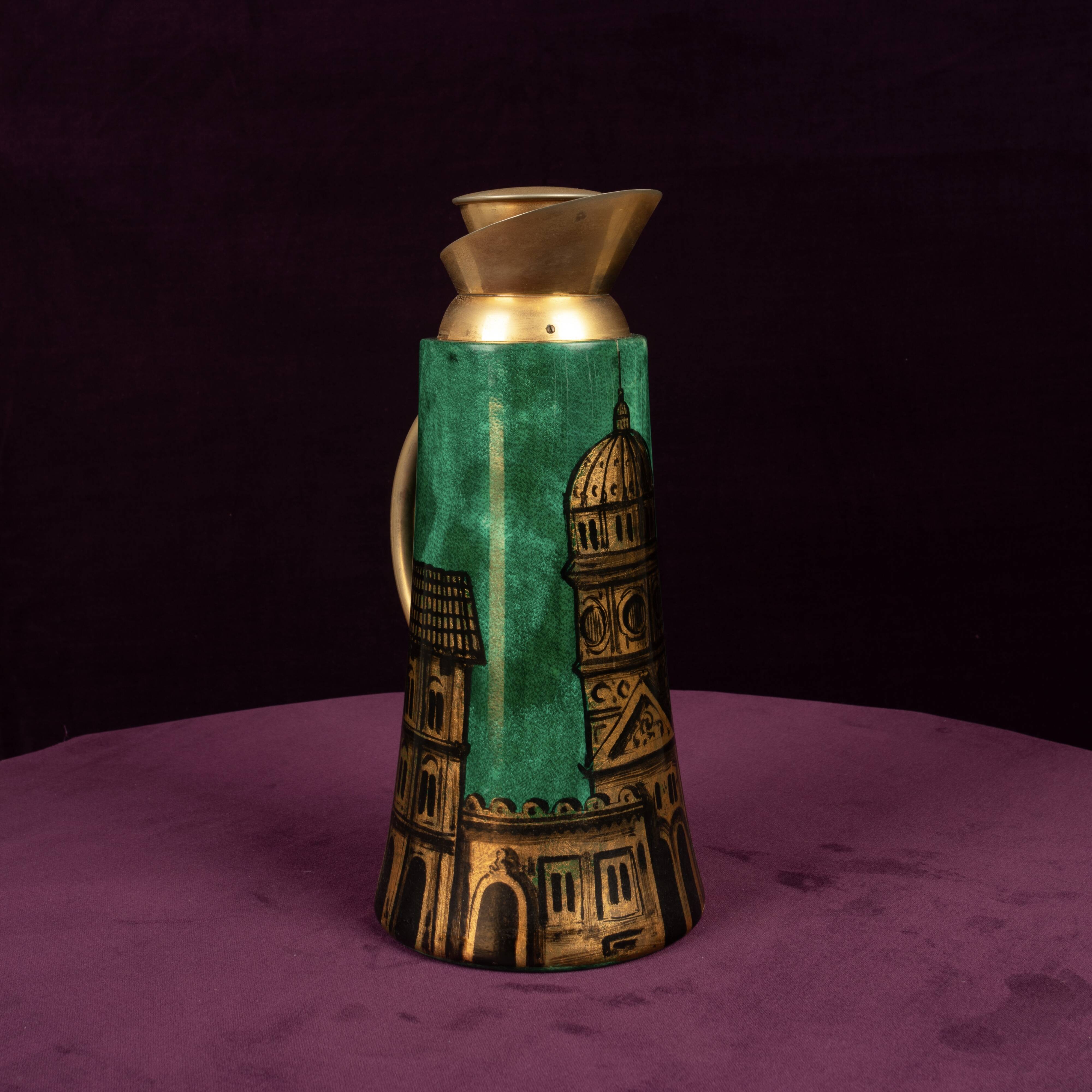 Aldo Tura Mod. 968D Hand-Decorated Green Goatskin Parchment Thermos Italy 1960