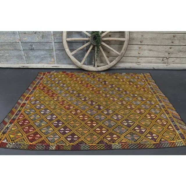 Vintage Turkish Oushak Handmade Wool & Cotton Yellow Area Rug 162x212