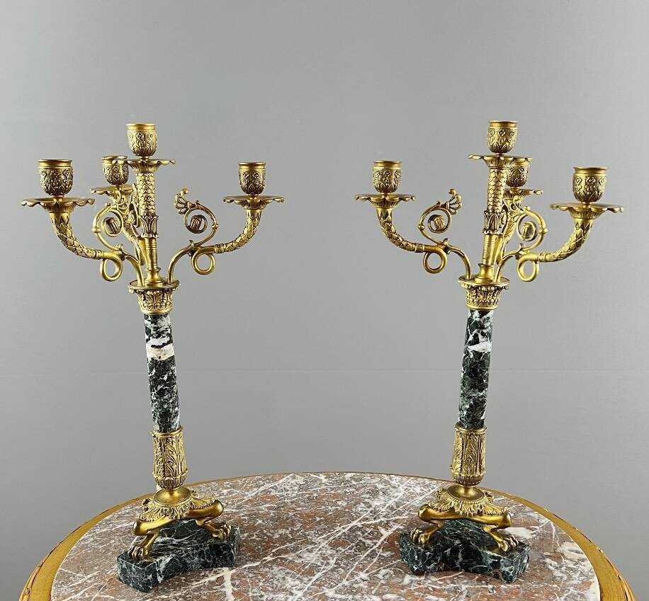 Pair of candelabra in gilt bronze and green marble, 19th century