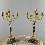 Pair of candelabra in gilt bronze and green marble, 19th century