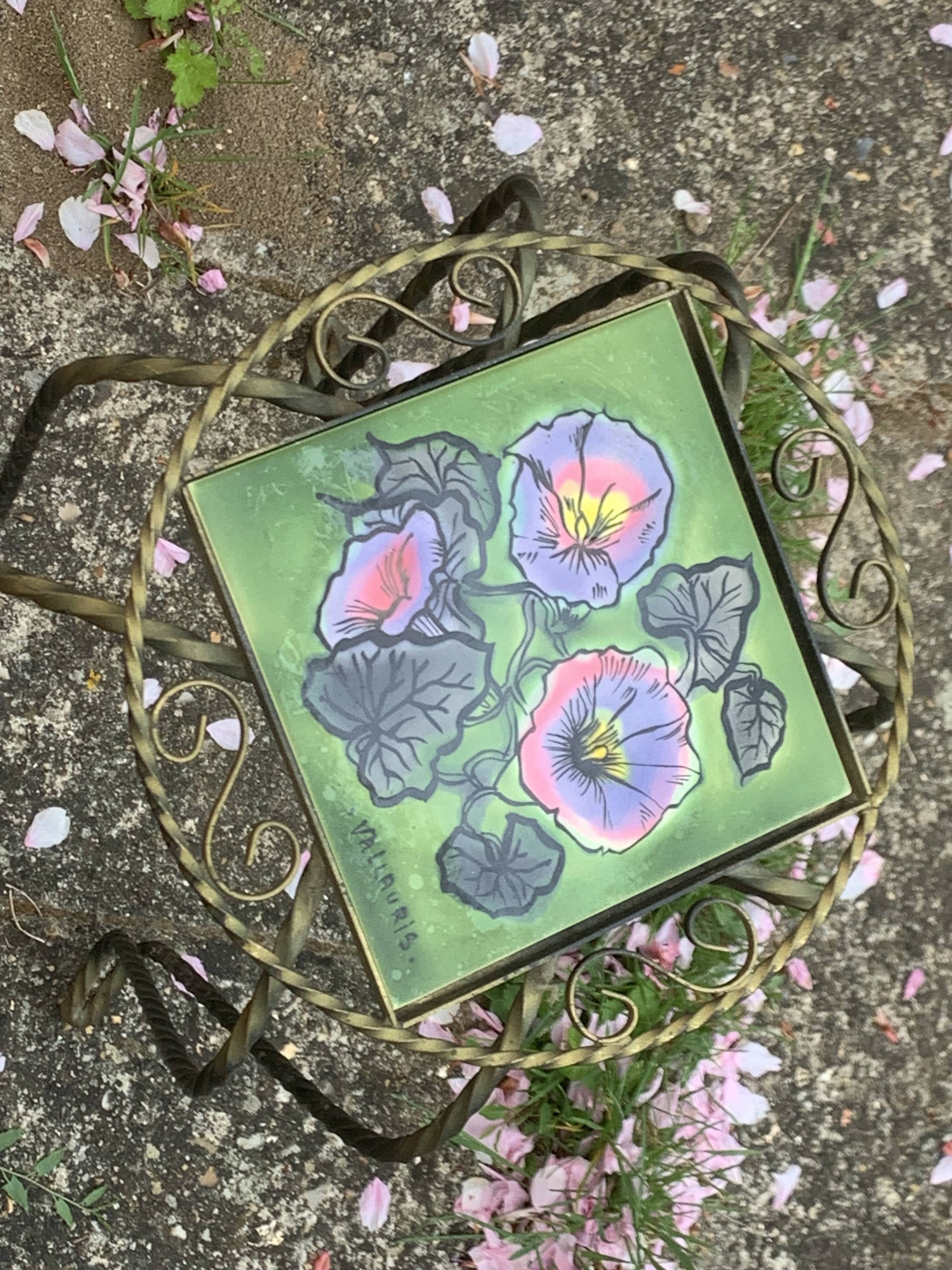 Plant stand, table, in wrought iron and vintage Vallauris ceramic