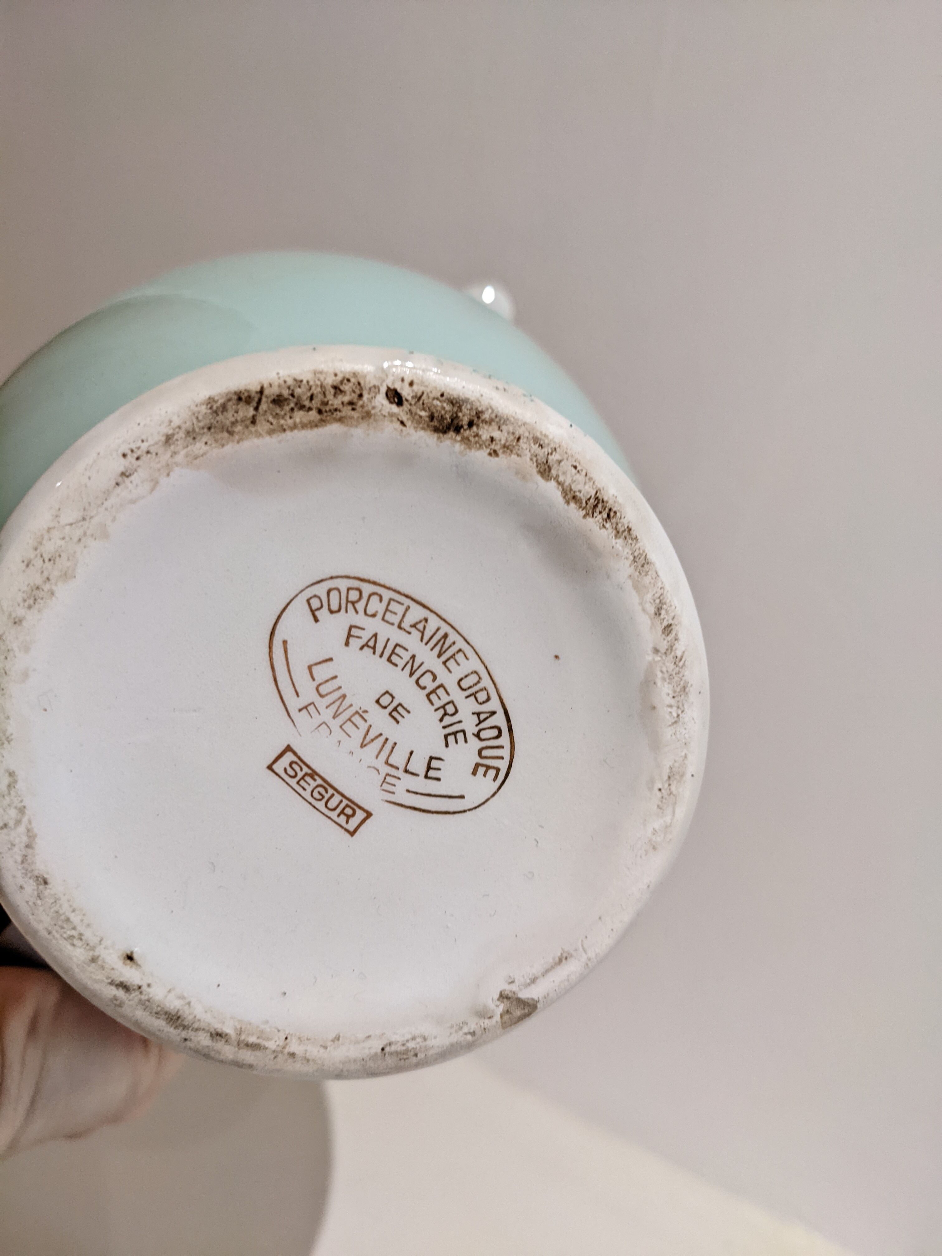 Porcelain teapot vintage iron earth Lunéville green golden water