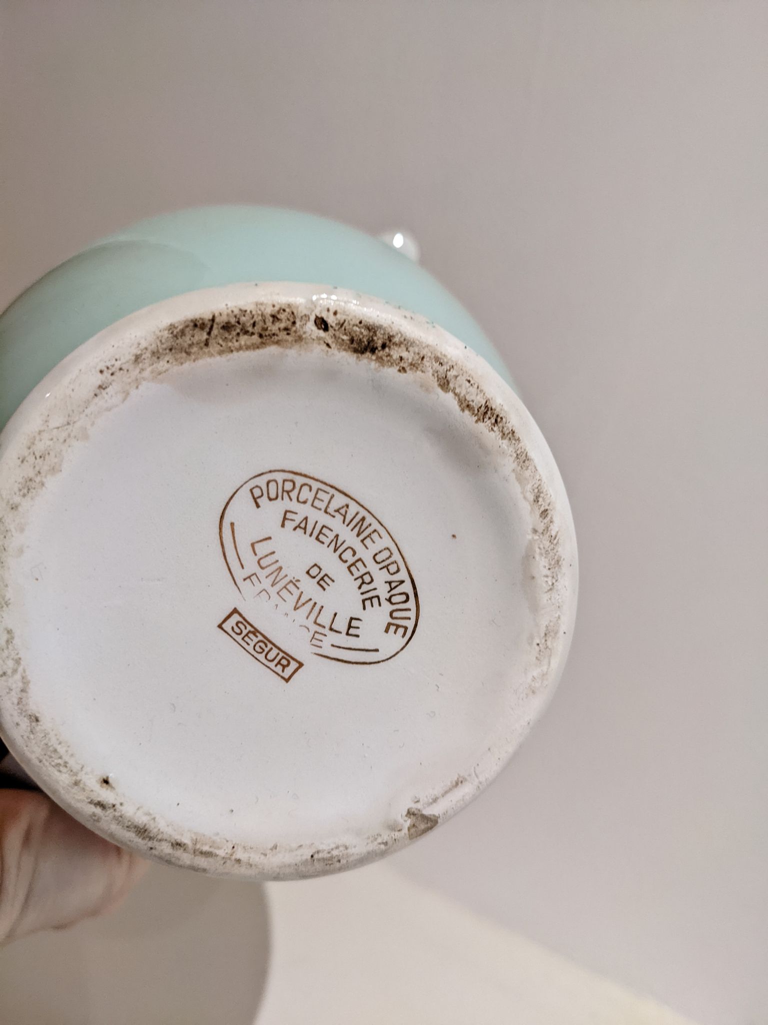 Porcelain teapot vintage iron earth Lunéville green golden water