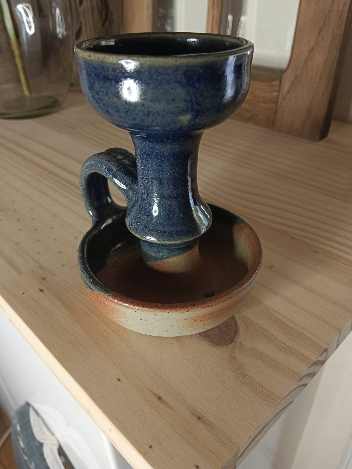 Bougeoir « Rat de Cave » en Grès Émaillé Bleu – Vintage Artisanal