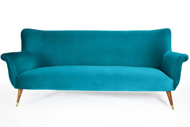 Turquoise velvet 3-seater sofa, 1960s, restored.