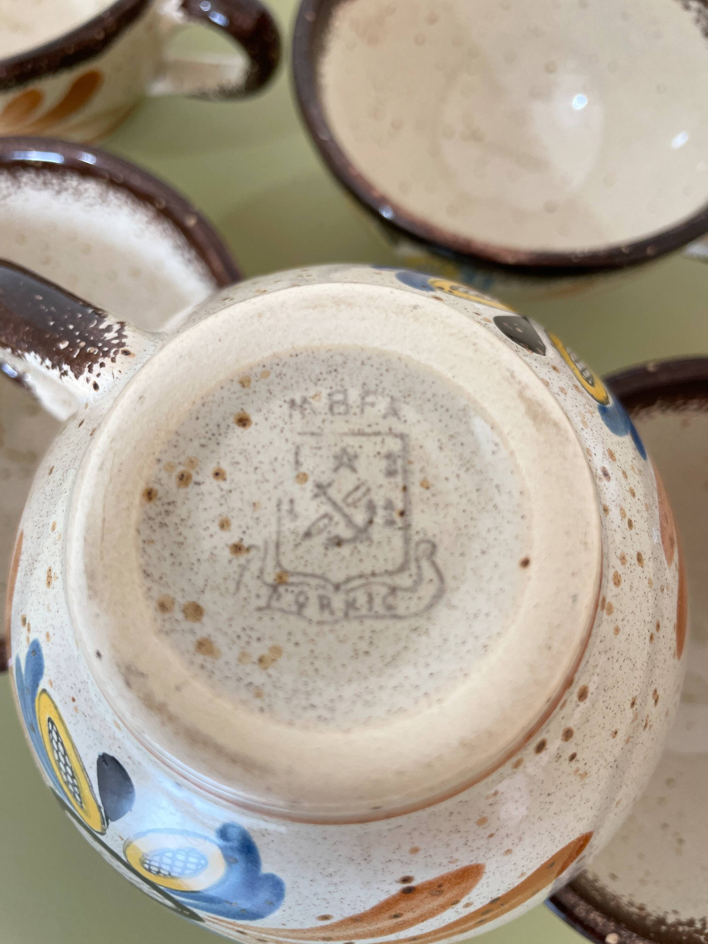 Lot of 5 vintage MBFA Pornic glazed stoneware cups - 1960s/70s