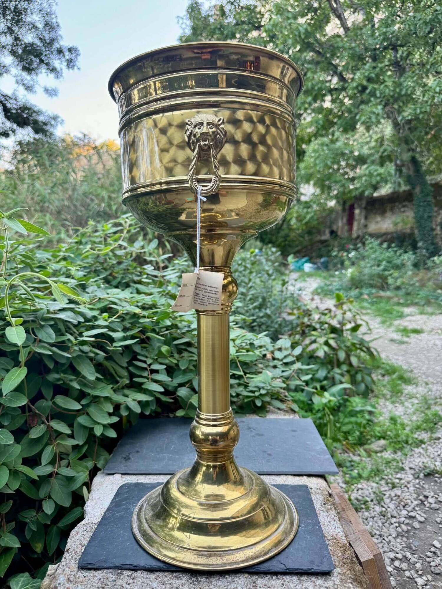Large brass lion baroque planter on stand