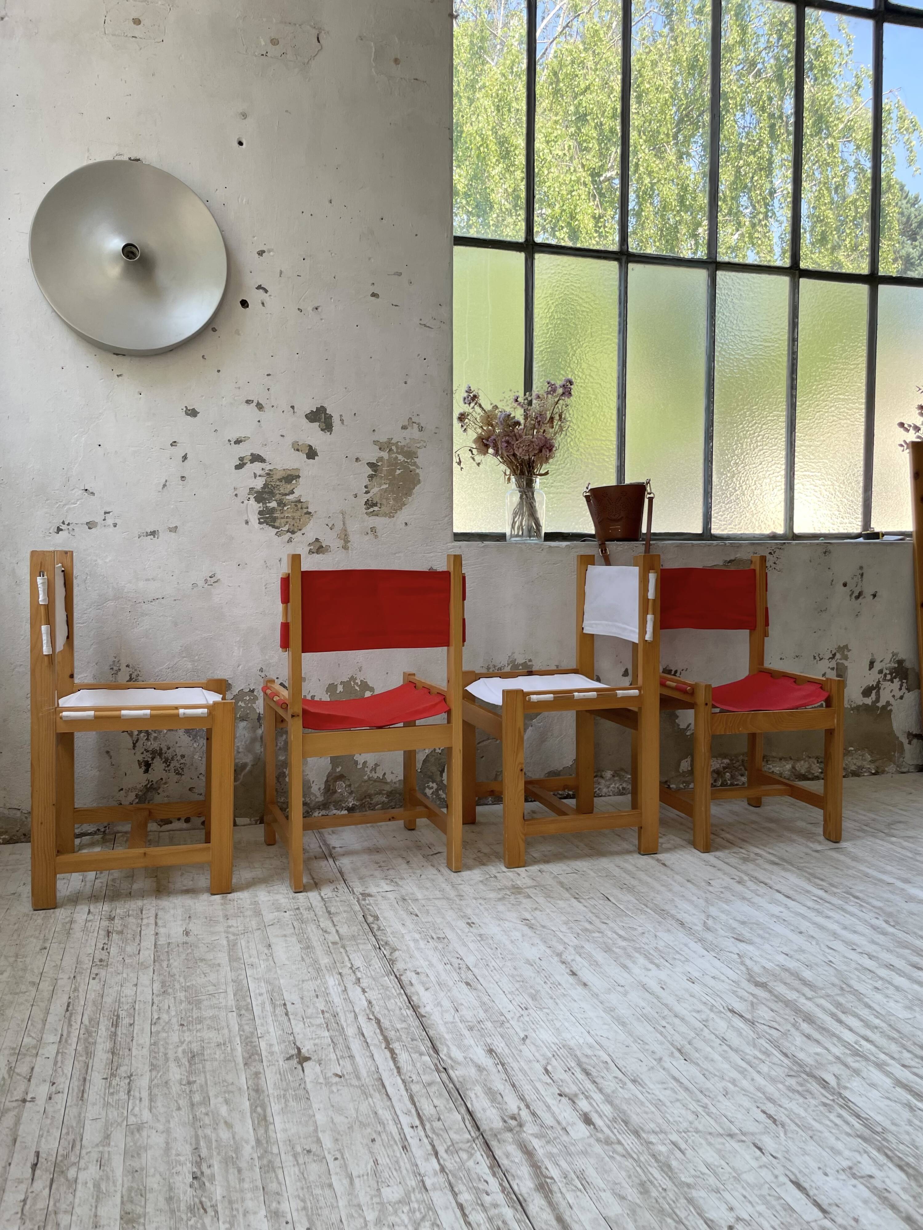 Set of 4 80s colored pine chairs