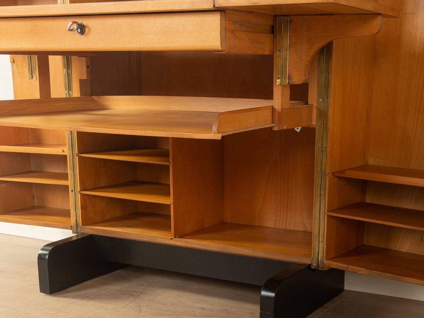 Classic home office from the 1950s, walnut veneer, illuminated interior