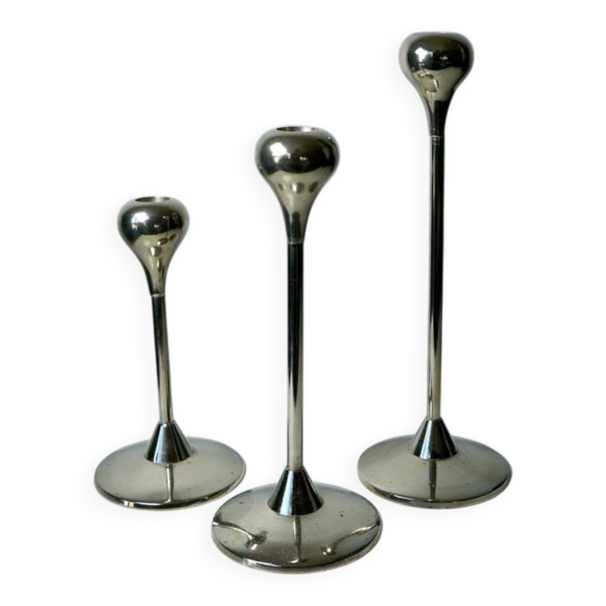 Lot de 3 bougeoirs gouttes vintage en métal chromé - design Space Age années 70