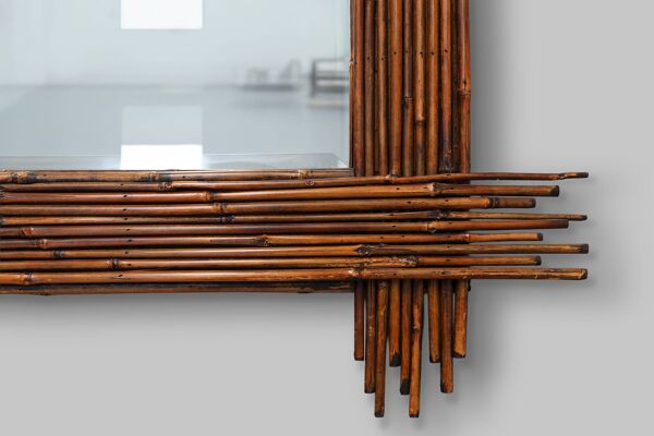 Grand miroir vintage en bambou avec miroir biseauté, France années 1960