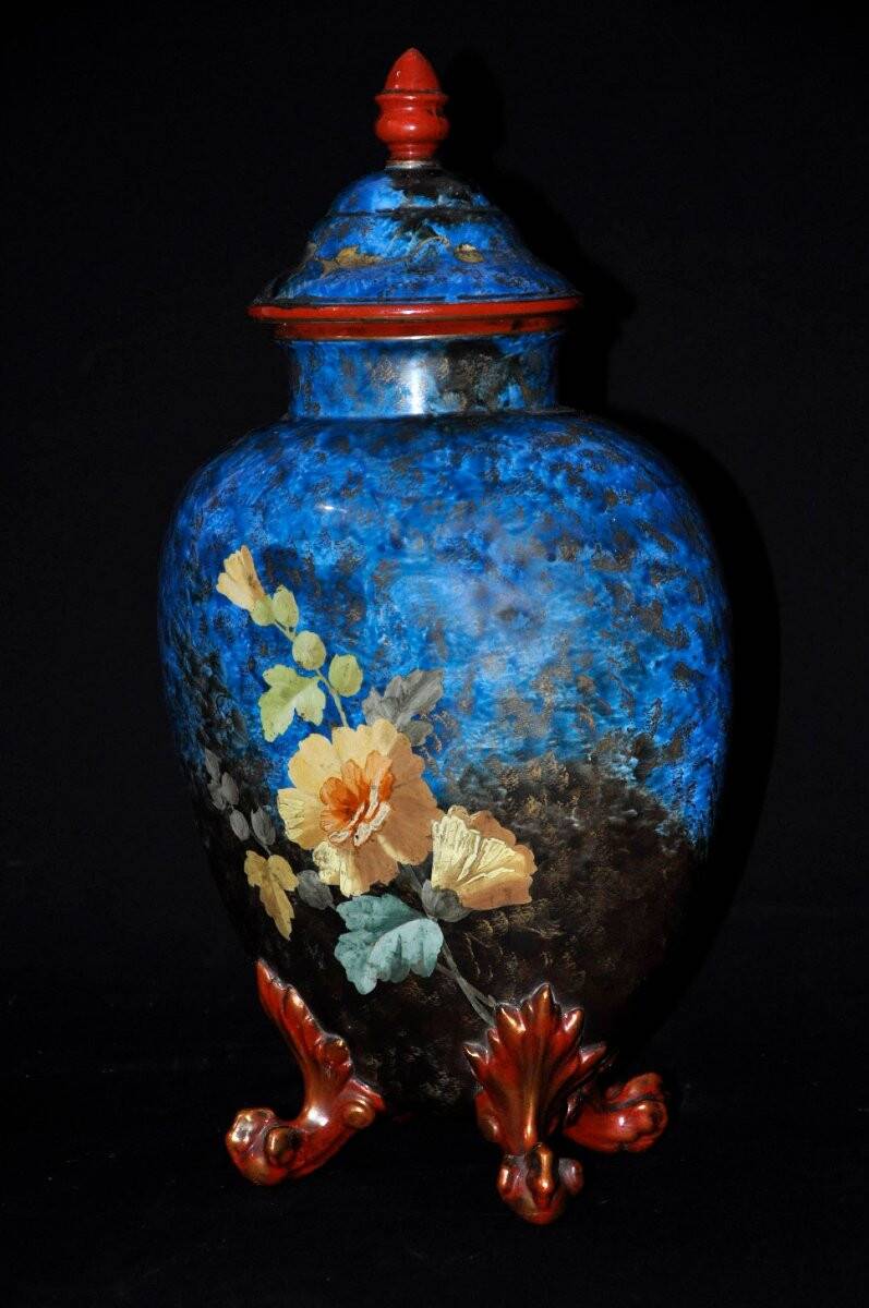 Gabriel Lemonnier covered vase in enamelled earthenware 19th century
