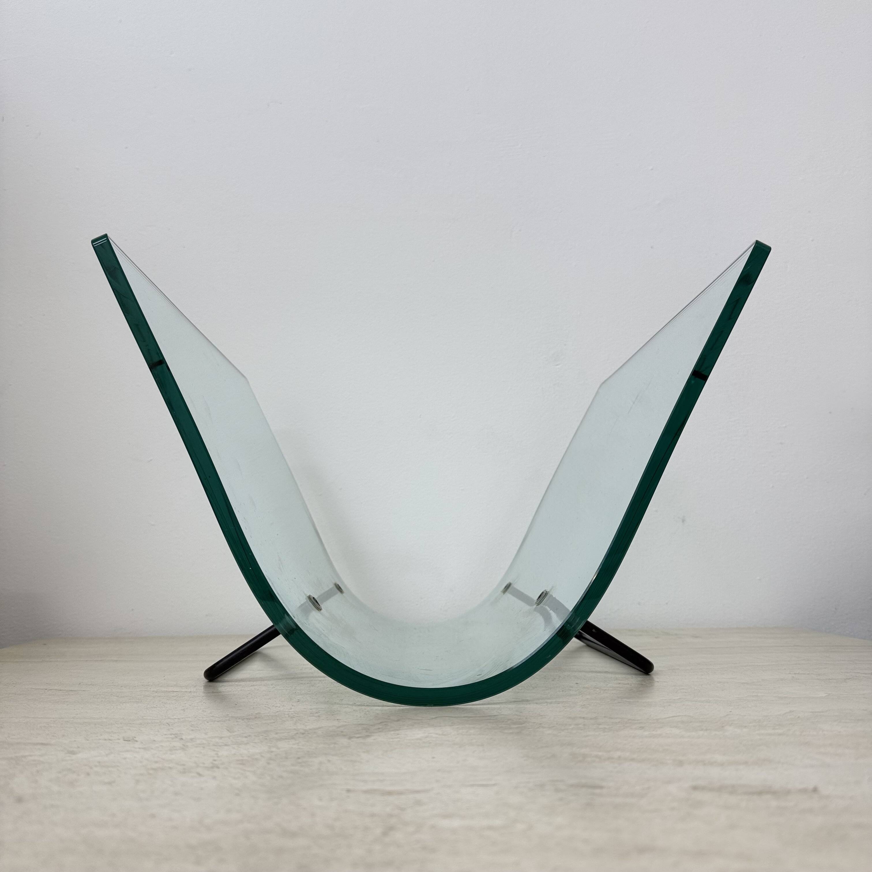 Post modern Fiam Italy curved glass magazine rack , 1980’s