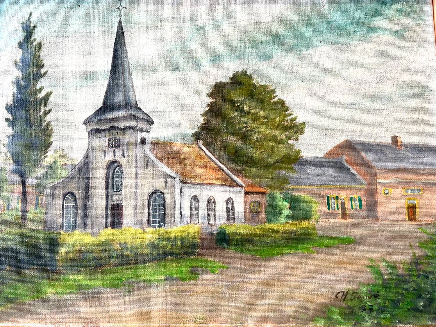 Oil on canvas Church, Belgian School, H. Sauvé, 1977.