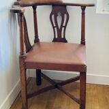 19th century corner armchair in solid pegged oak and imitation leather