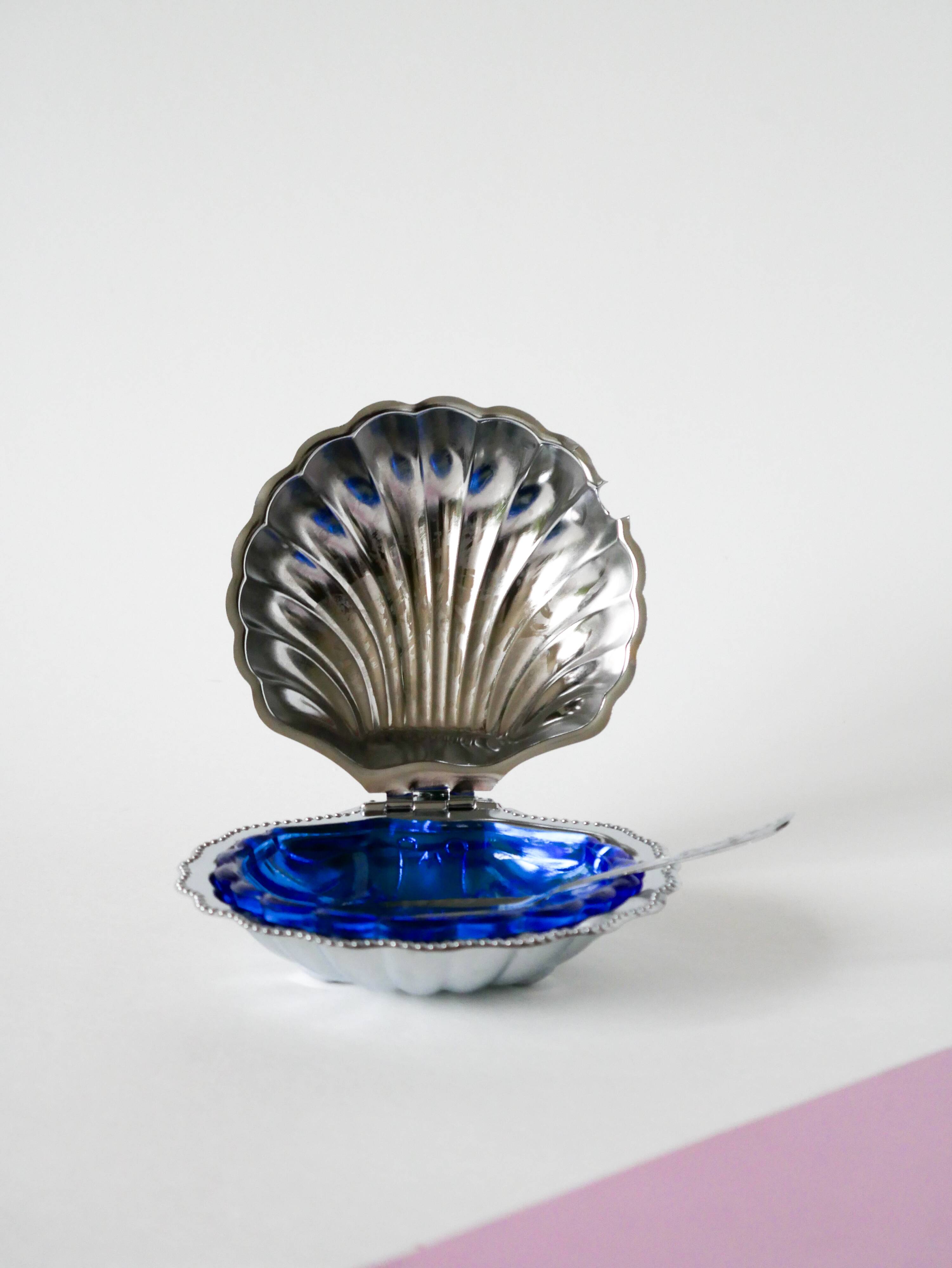 Shell butter dish in stainless steel and blue glass, with butter dish, 1970