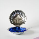 Shell butter dish in stainless steel and blue glass, with butter dish, 1970
