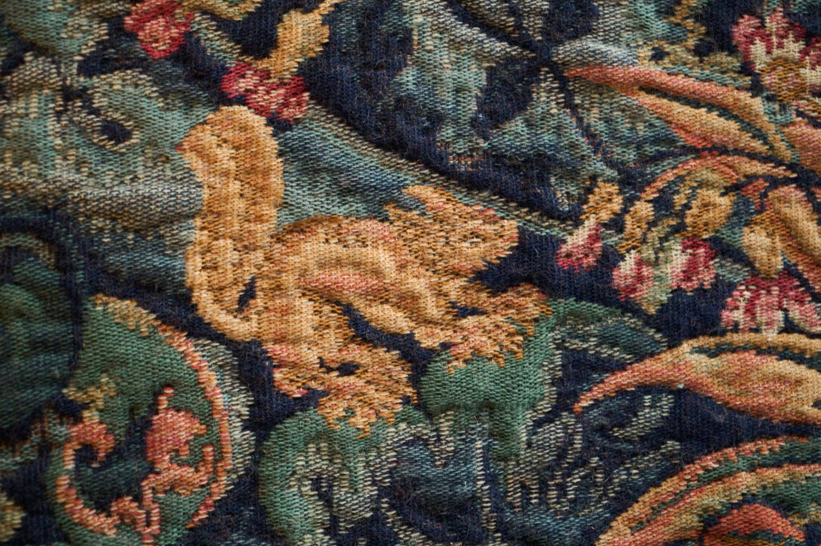 Mid Century wall tapestry with birds, animals, and leaves, Belgium 1960s.