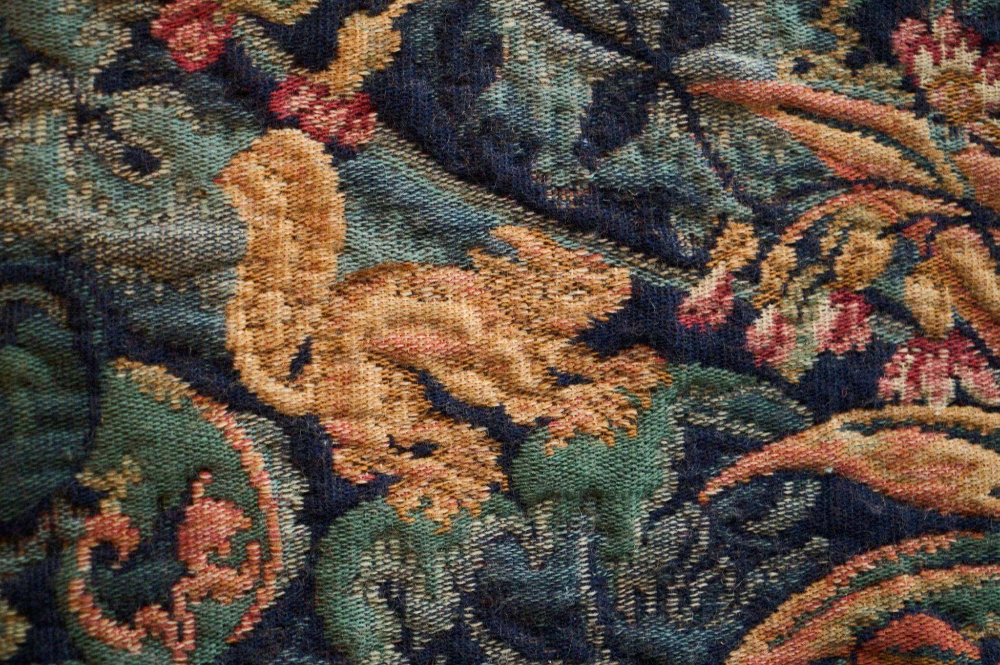 Mid Century wall tapestry with birds, animals, and leaves, Belgium 1960s.