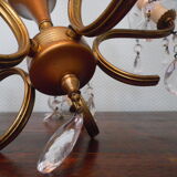 Suspension 5 feux, métal doré, coupelles en verre agrémentées de pampilles en verre