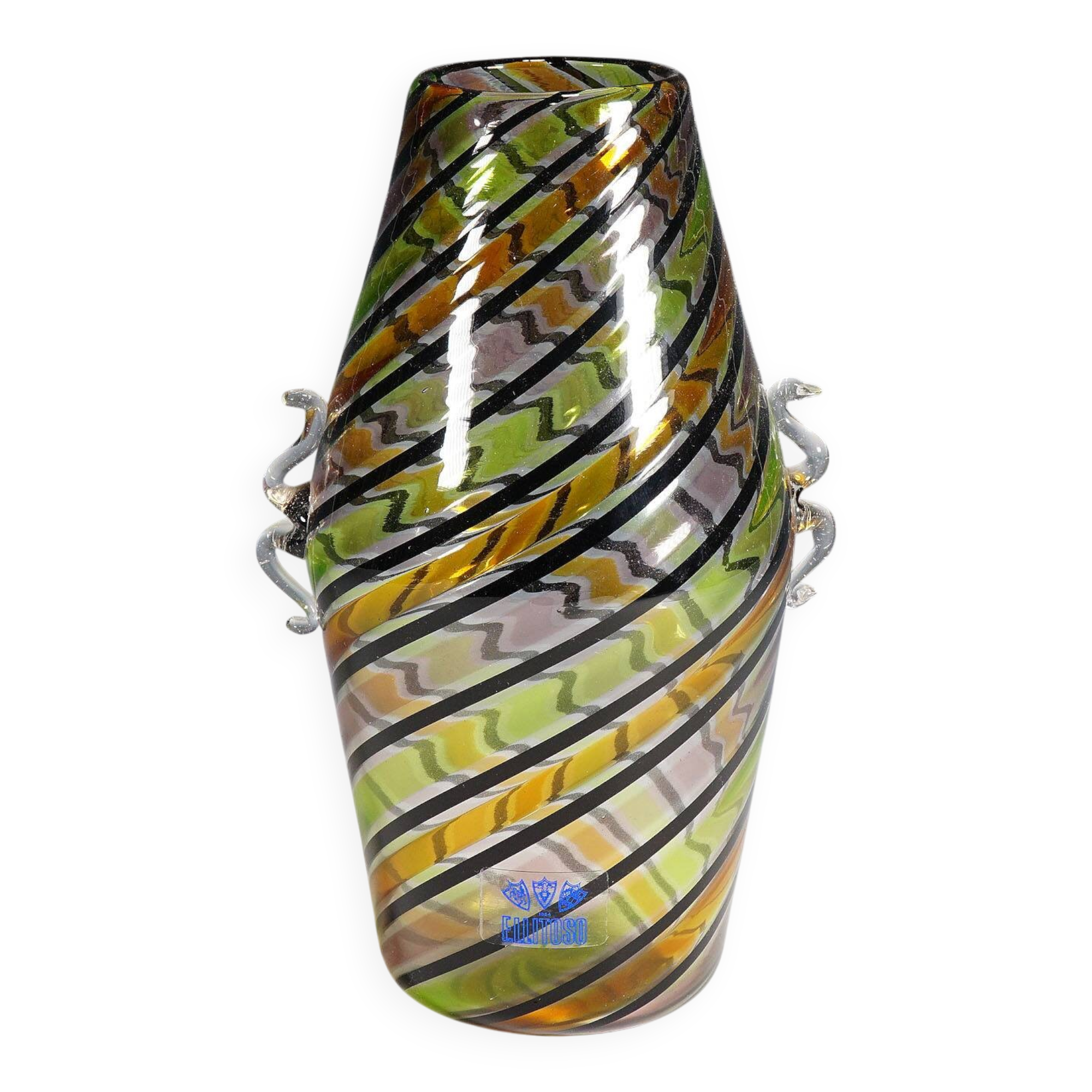 Glass vase "a canne" by Fratelli Toso with handles, Murano, Italy, circa