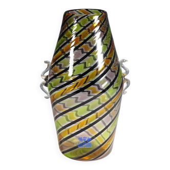 Glass vase "a canne" by Fratelli Toso with handles, Murano, Italy, circa