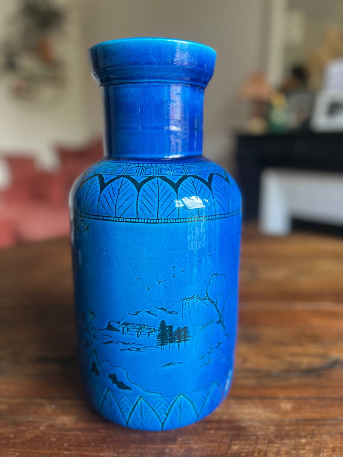 Large blue ceramic vase with Chinese motifs