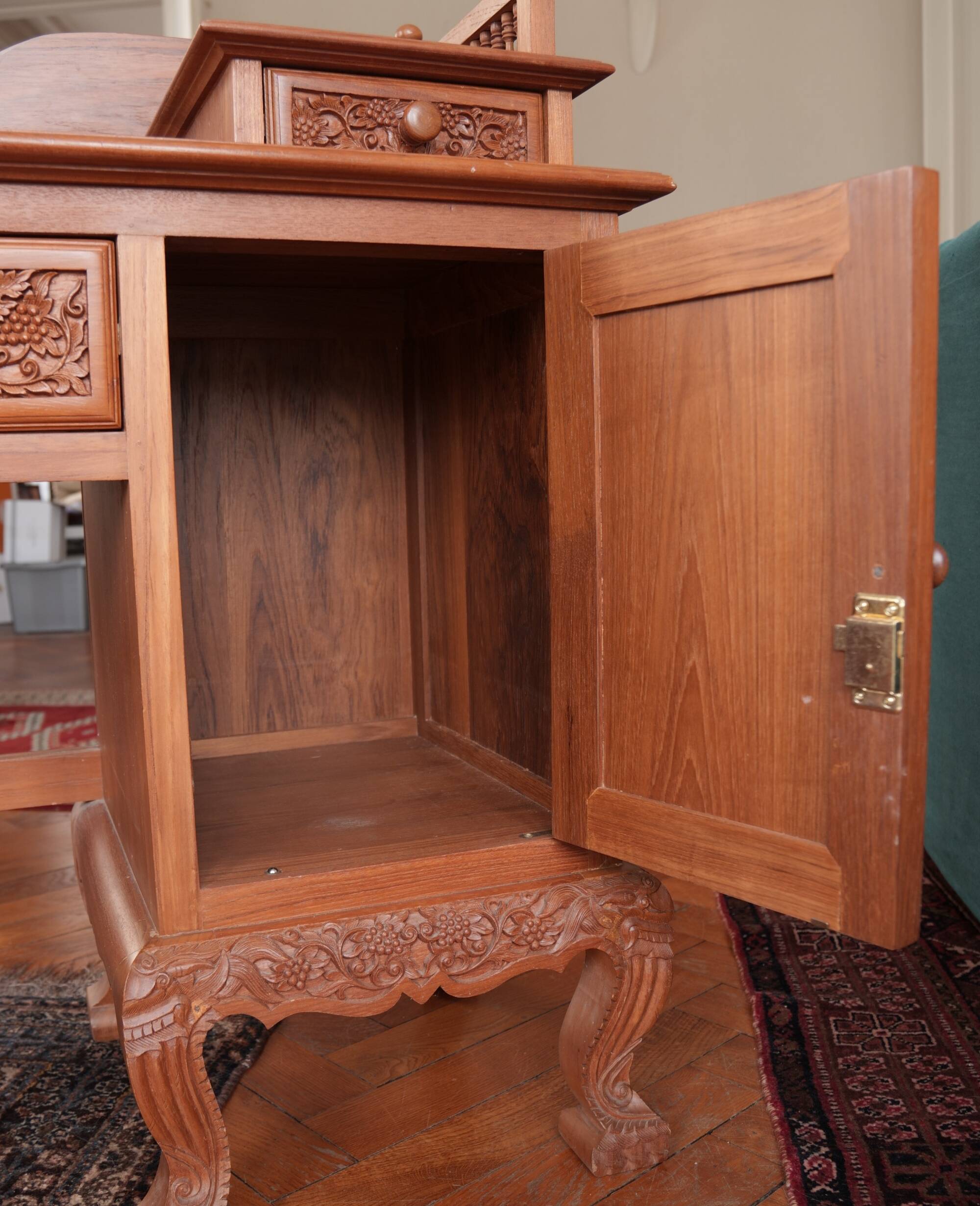 Vintage Vanity Desk, unique hand carved, Chiang Mai teak wood
