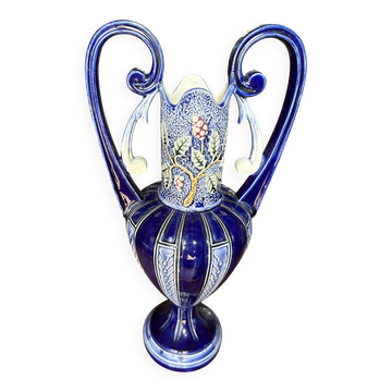 Art Nouveau amphora vase in glazed earthenware (barbotine style)