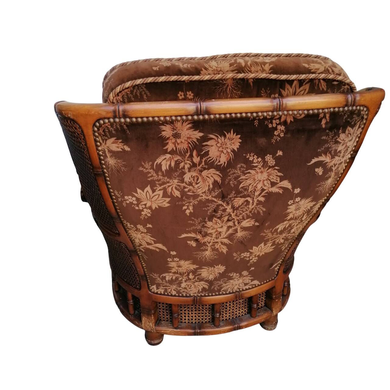 Poltrone bergère italiane in velluto e paglia di Vienna, anni '70, set di 2