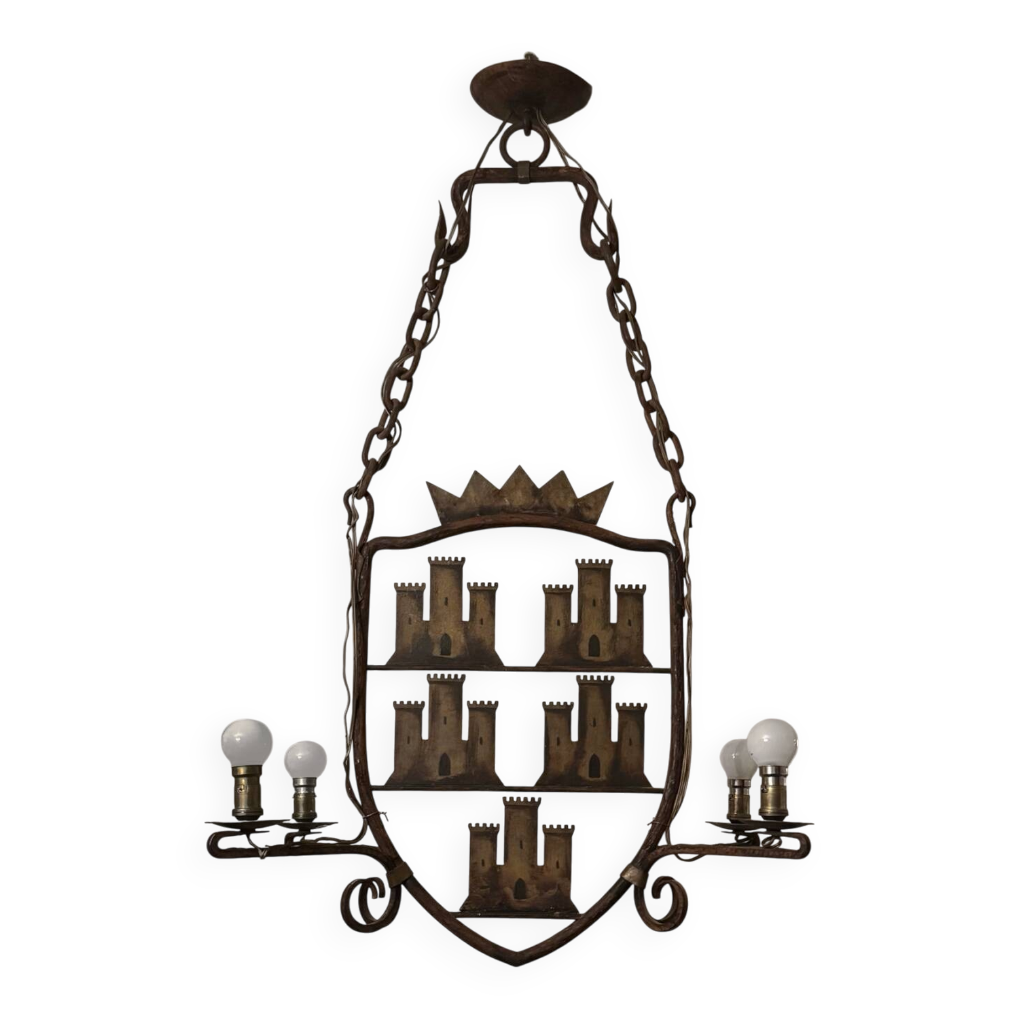 Medieval style heraldic wrought iron chandelier