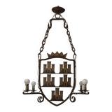 Medieval style heraldic wrought iron chandelier