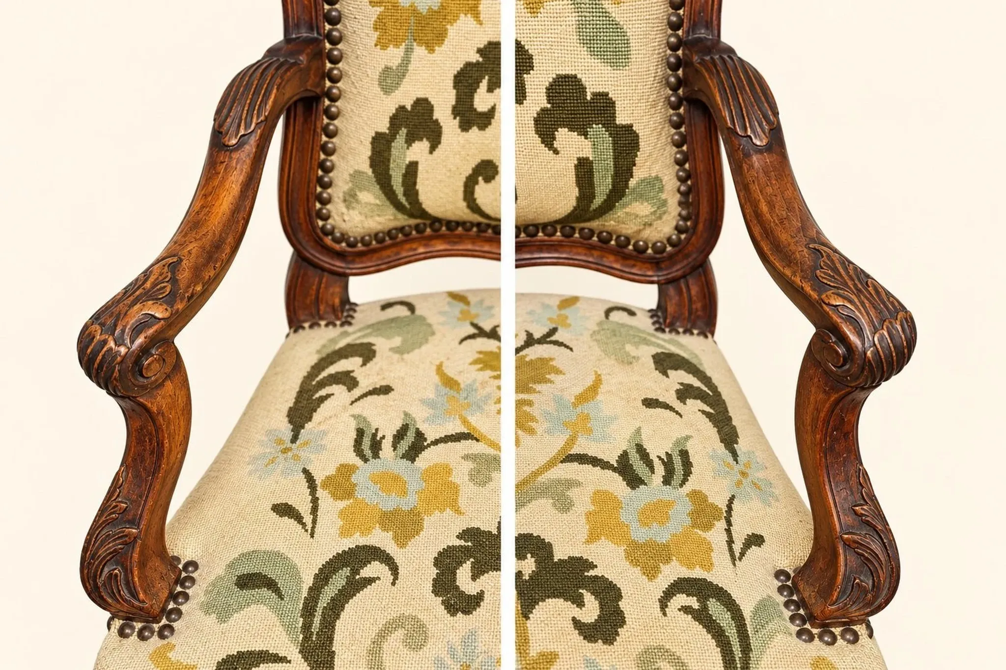 Louis XV cabriolet armchair, carved walnut, petit point tapestry, 18th century.