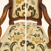 Louis XV cabriolet armchair, carved walnut, petit point tapestry, 18th century.