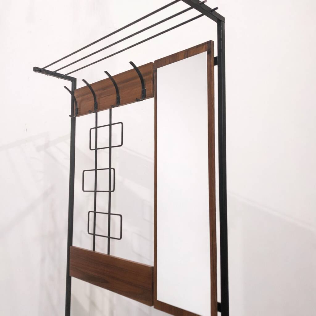 Mid-century coat rack, chest, and mirror.