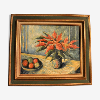 Tableau nature morte "fleurs et pommes"