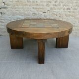 Coffee table, round, pine and sandstone tiles