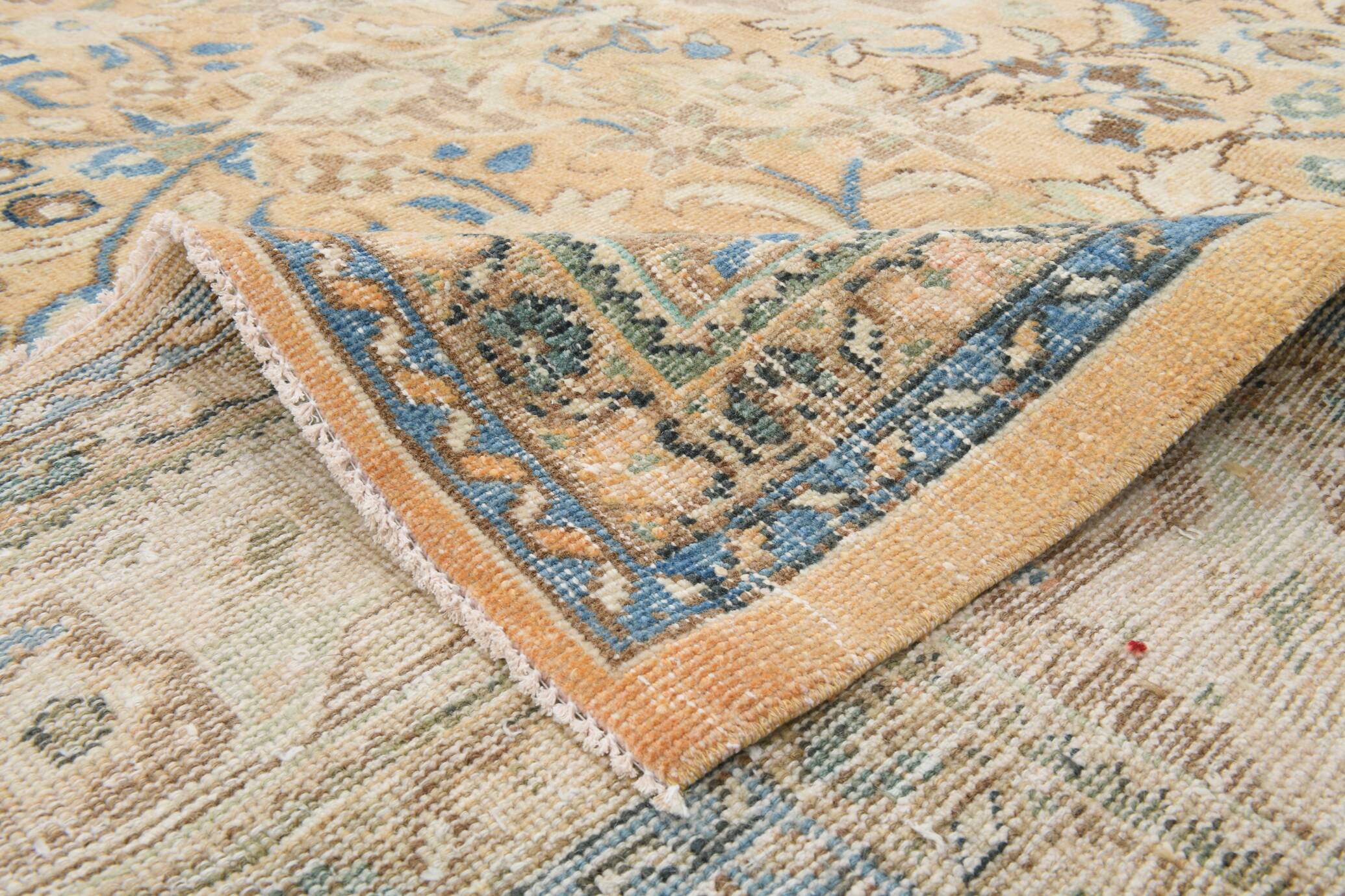 Tapis Persan Ancien Grand Format – Laine Nouée Main, Tons Beige & Bleu