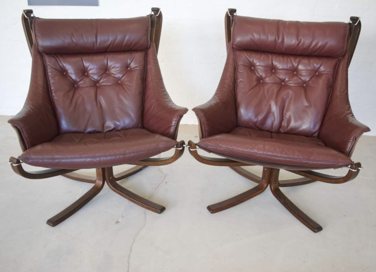Chaises Falcon à ailes et dossier haut en cuir Sigurd Resell vintage rétro