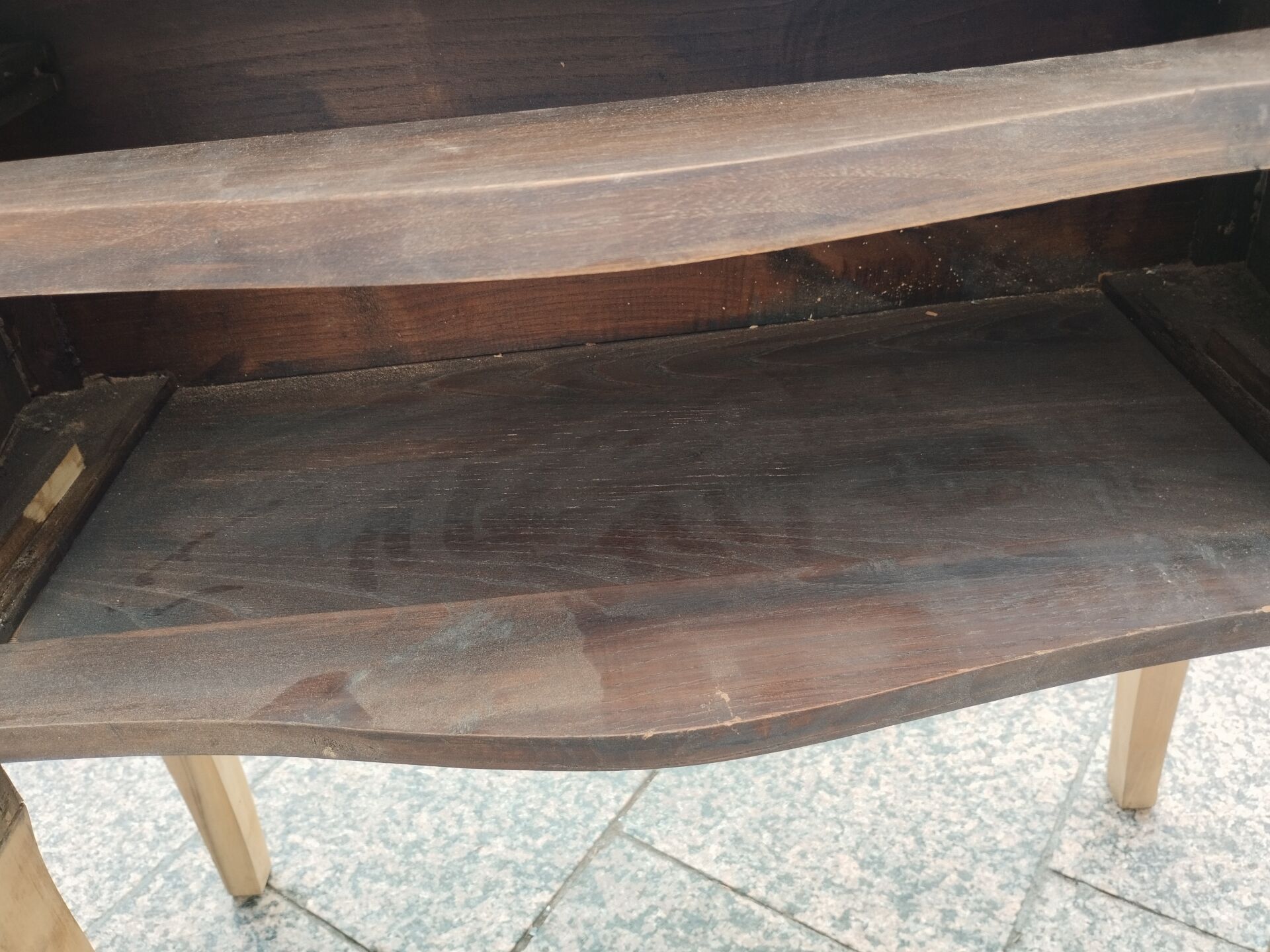 Antique commode in marquetry in the Louis XV style with a marble top.