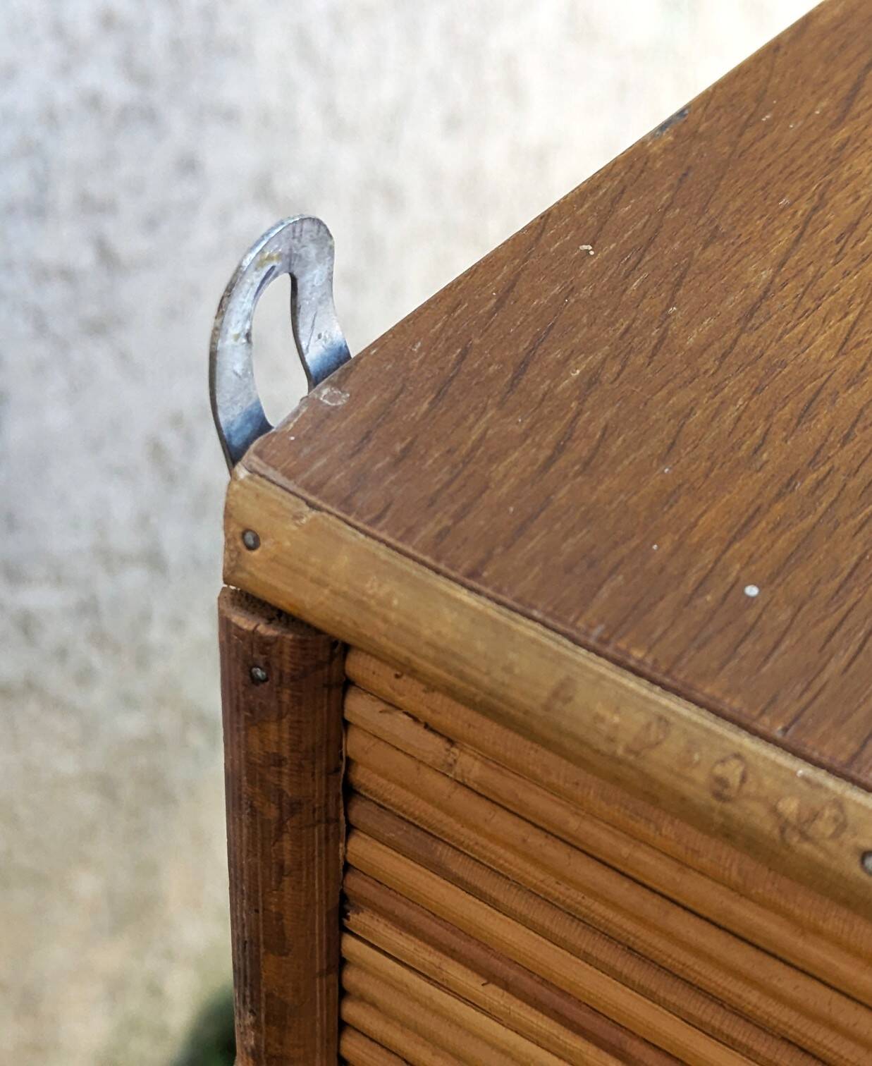 Vintage Glass Wall Shelf in Wood and Rattan, Rounded Corners