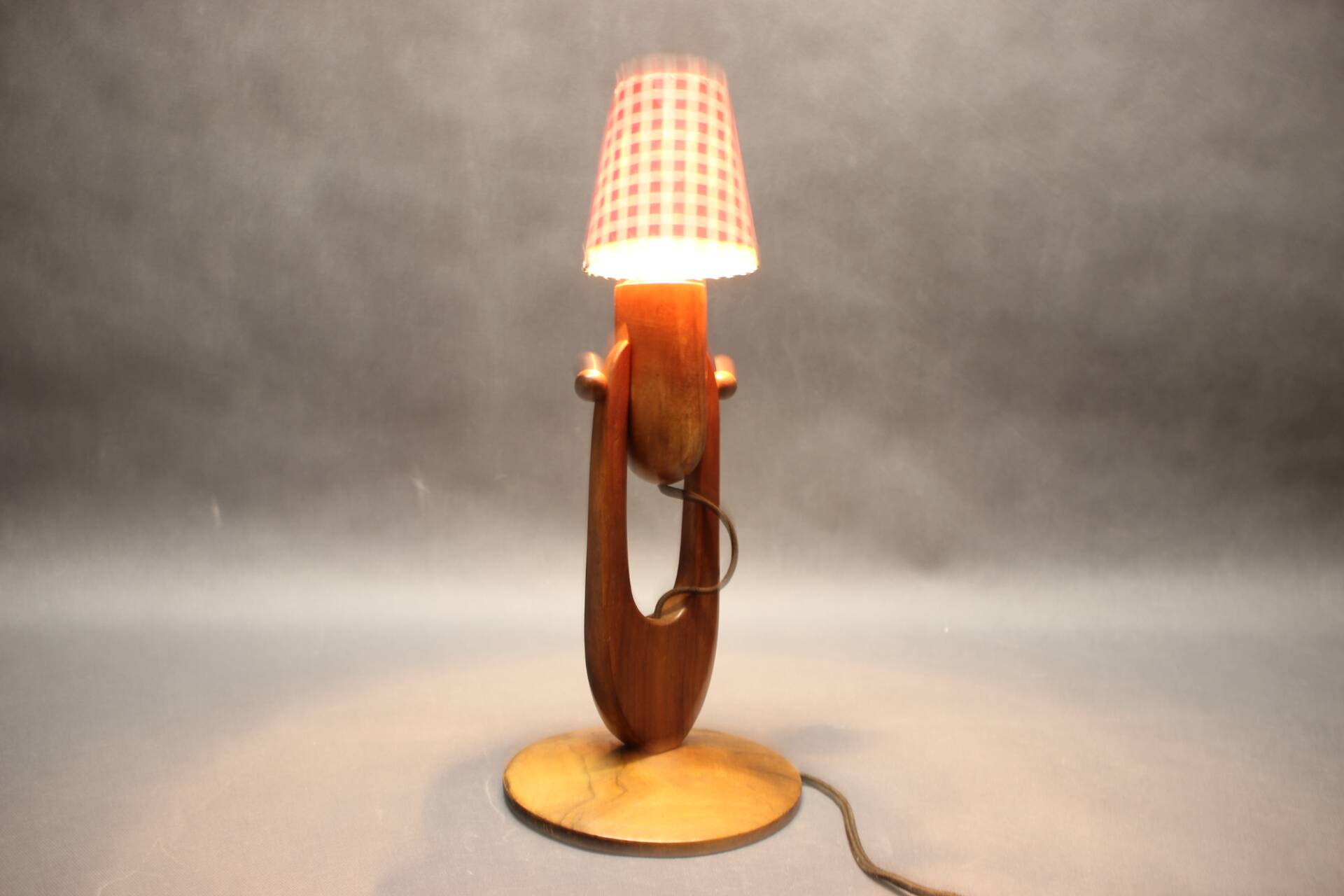 Mid-century adjustable wooden table lamp with checked shade, Czechoslovakia