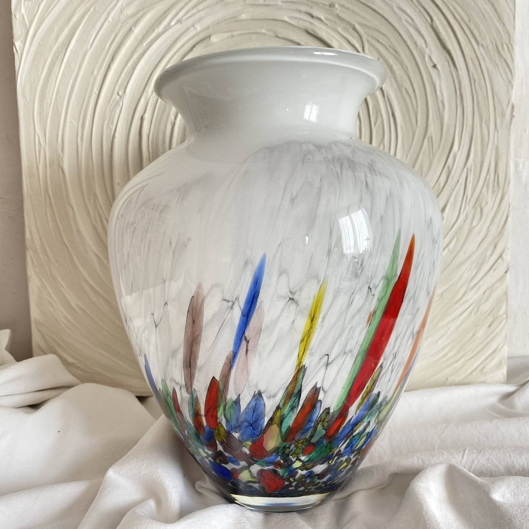 Large blown glass vase with polychrome inclusions in the Murano style.
