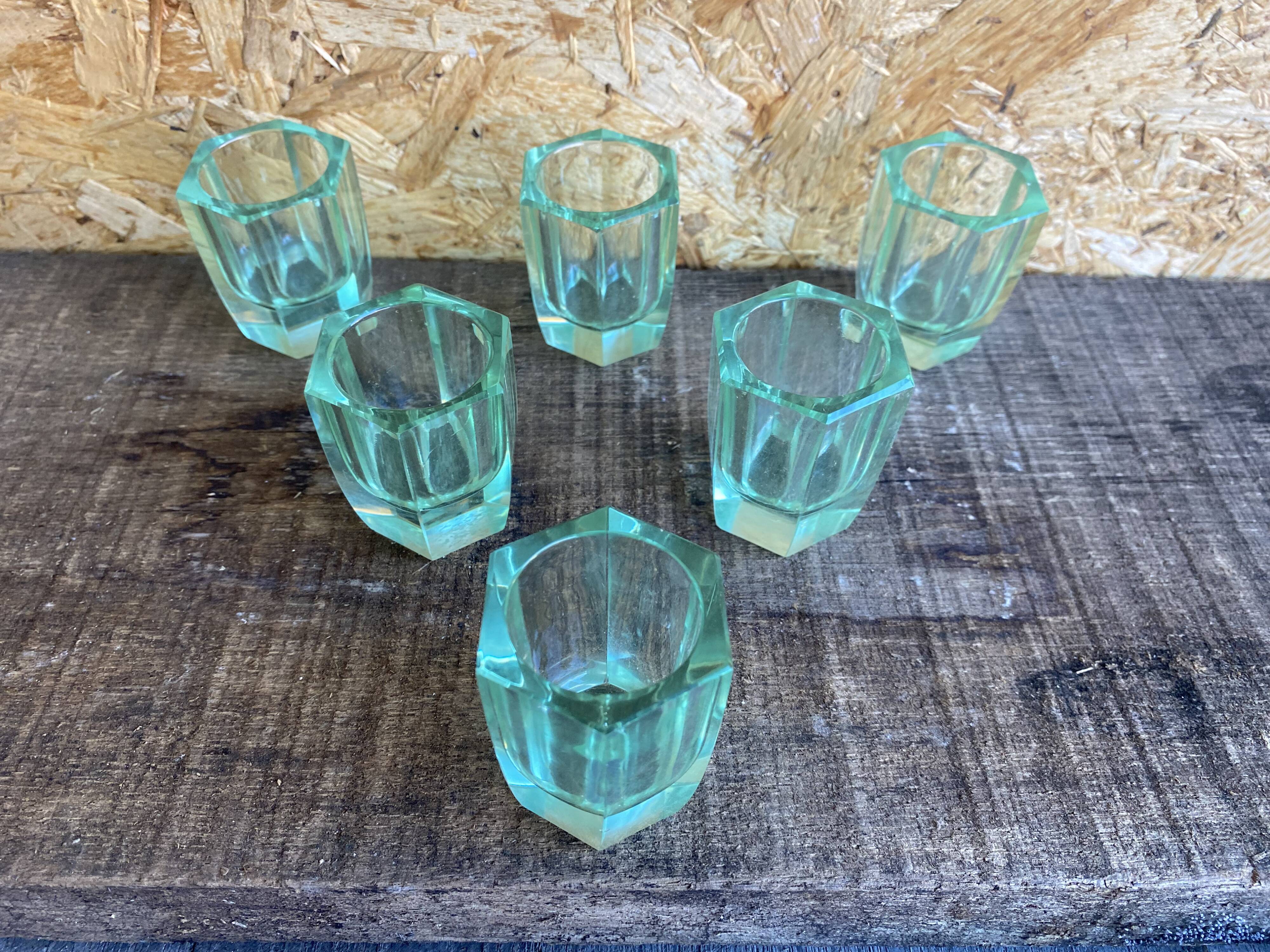 Set of 6 antique liqueur glasses moser moulded uranium glass beryl art deco