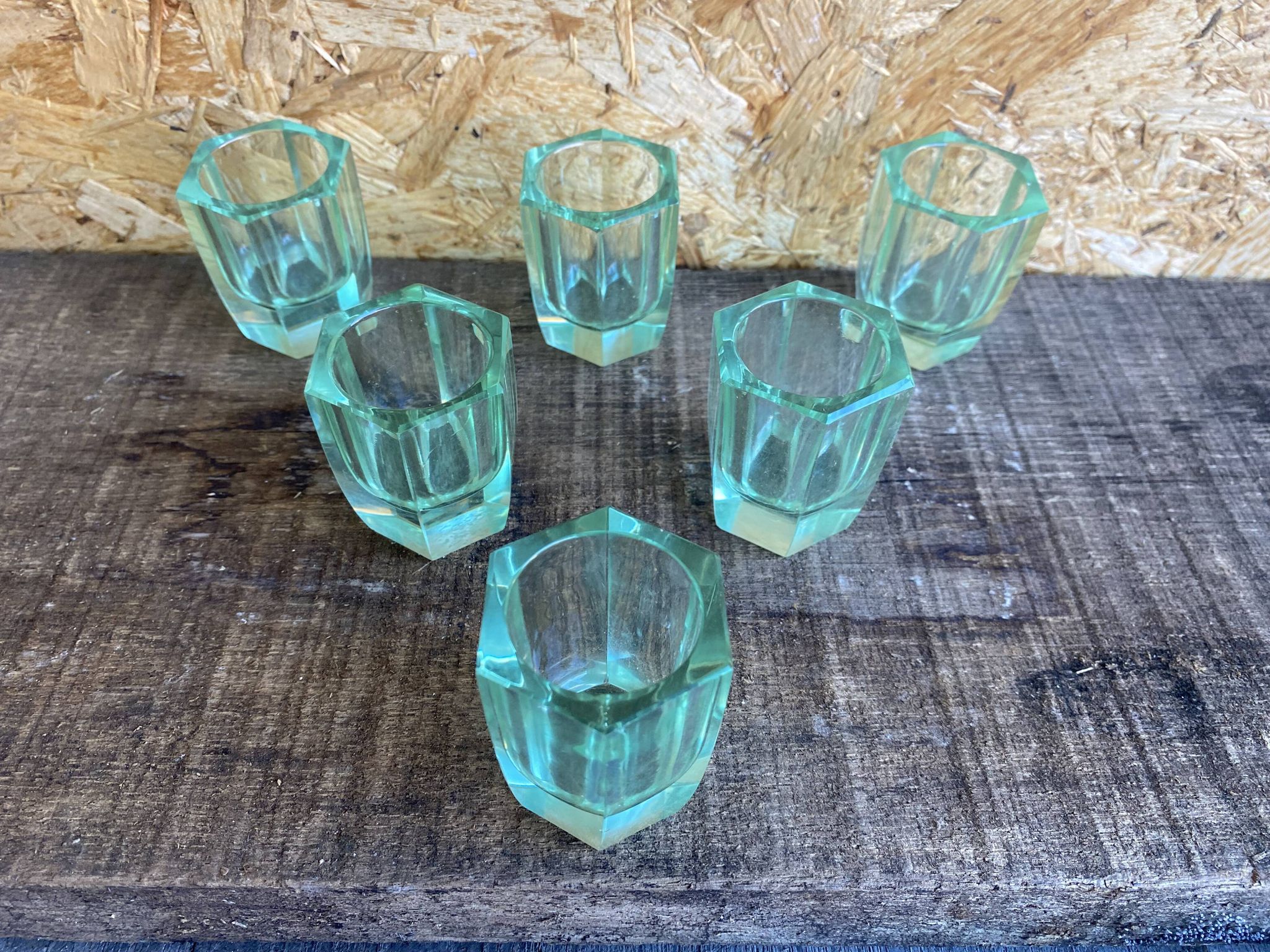 Set of 6 antique liqueur glasses moser moulded uranium glass beryl art deco