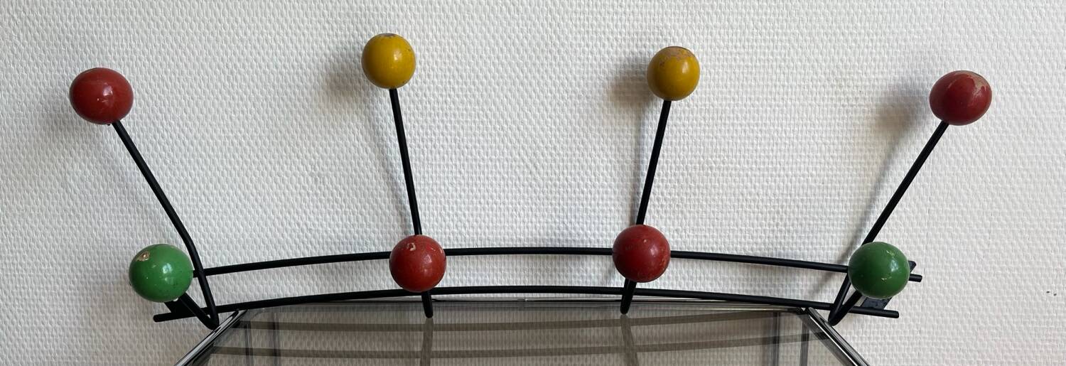 Iron wall coat rack and wooden hooks from the 60s