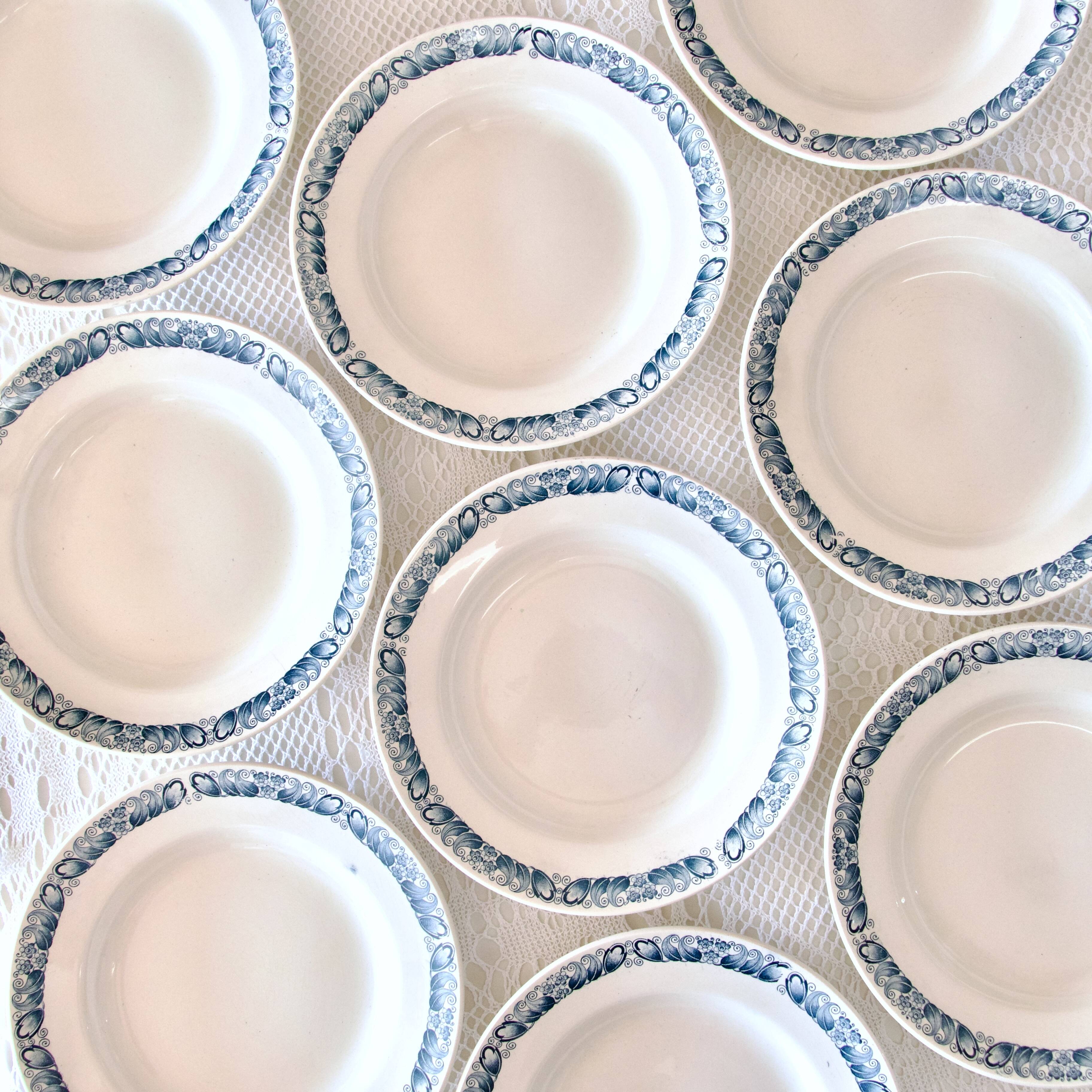9 assiettes anciennes Longchamp terre de fer bleue "Marcel"