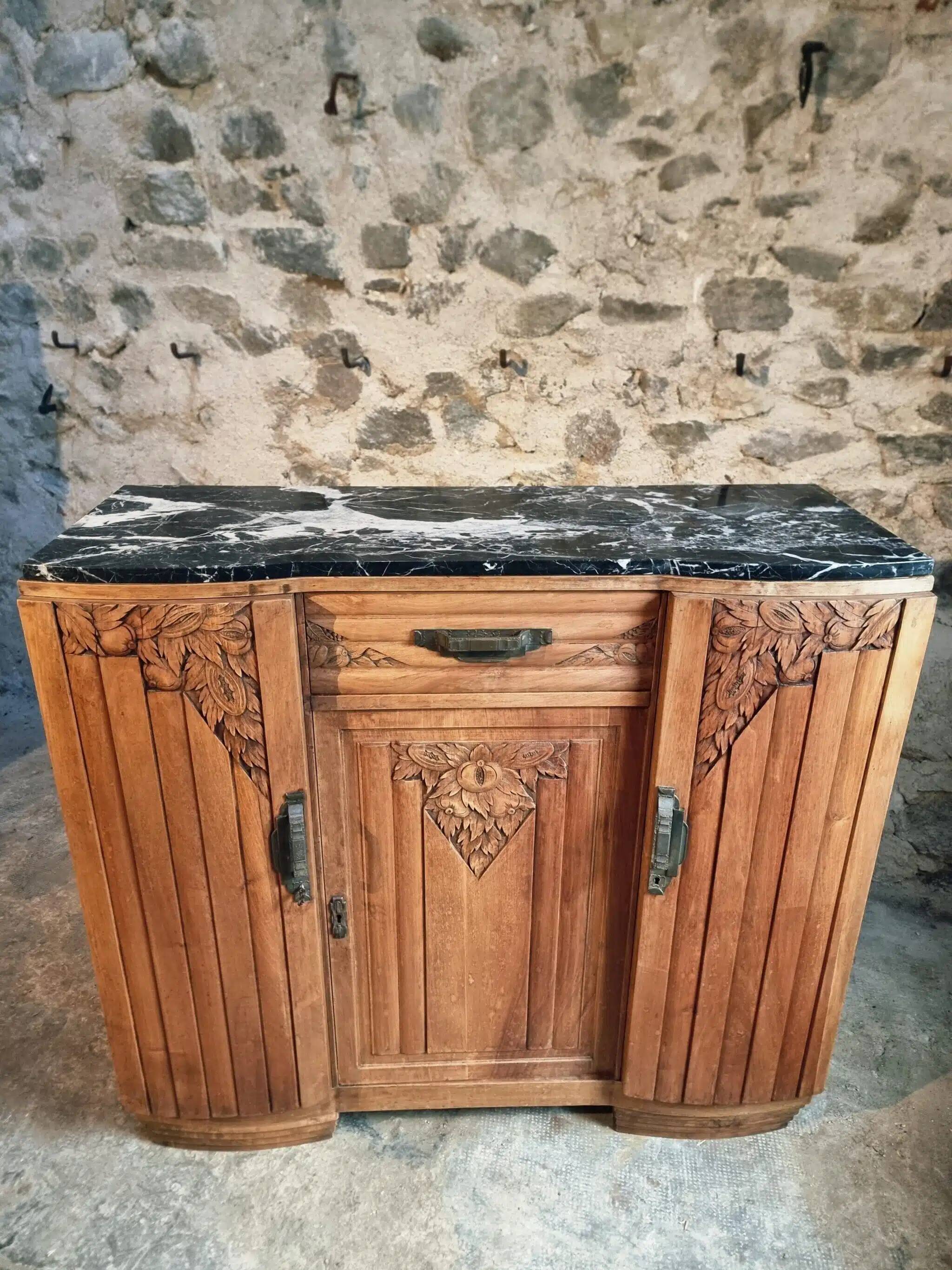 French Art Deco walnut sideboard with marble top, 1920s