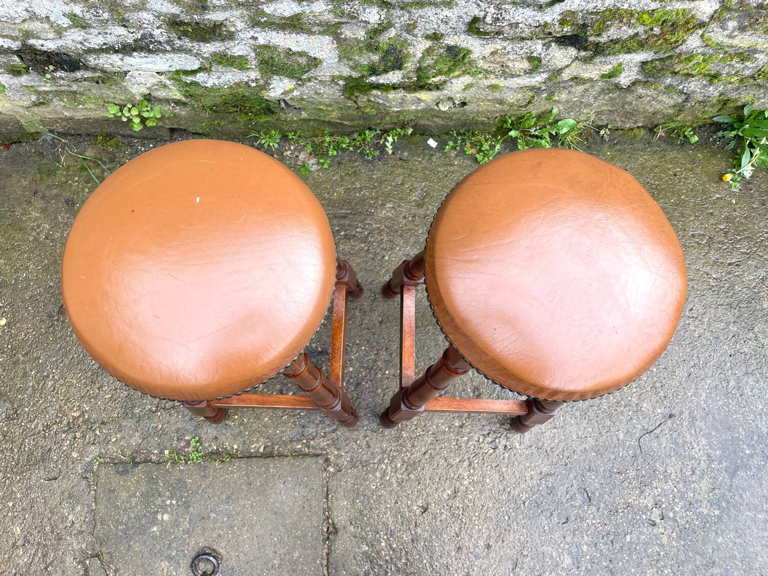 Pair of studded leather bar stools