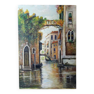 Venetian tableau oil on panel vintage/old canal and façades